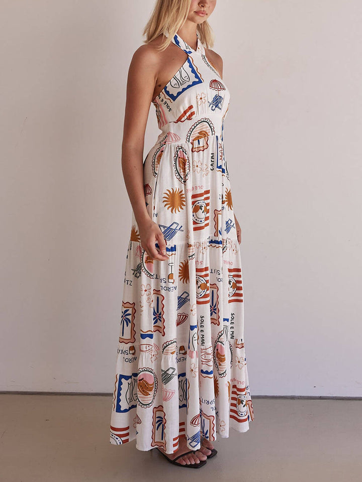 Unique Ocean Print Backless Neckline A-Line Hem Dress