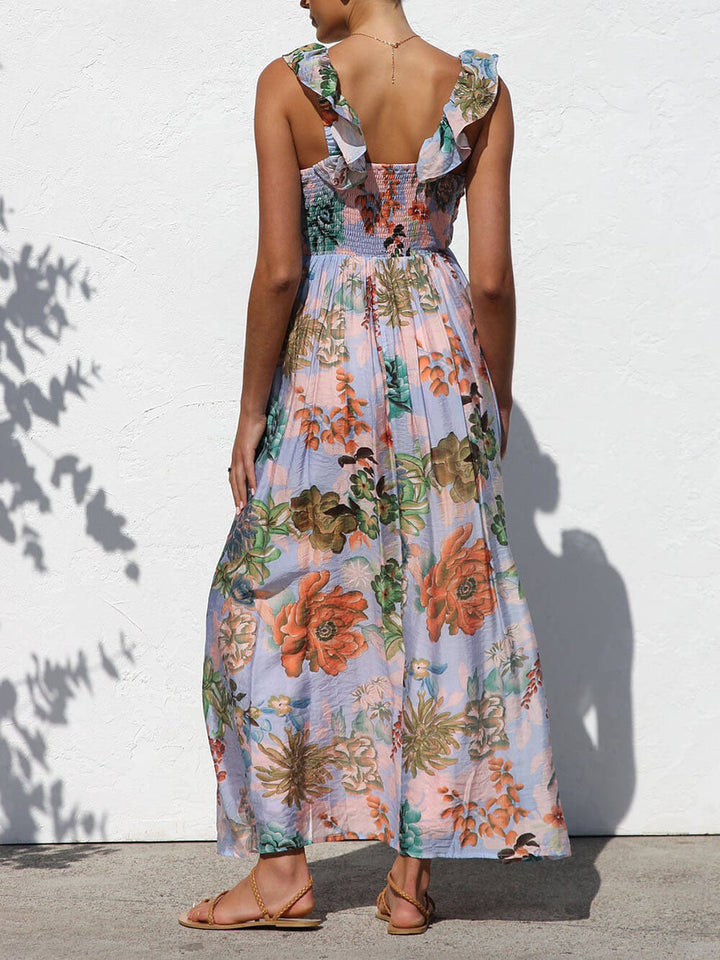 Beautifully Pleated Unique Floral Print Ruffle Sleeve Maxi Dress