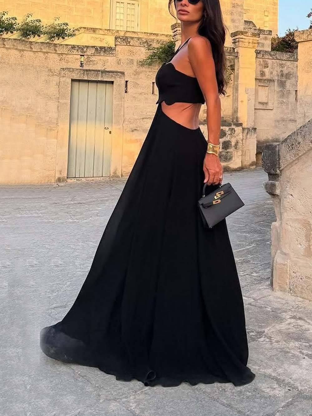 Delicate Cutout Ruffle Backless Spaghetti Strap Party Maxi Dress