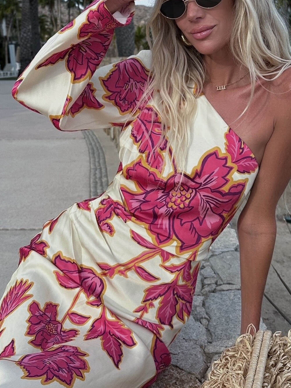 Unique Satin Floral Print One Shoulder Flared Maxi Dress