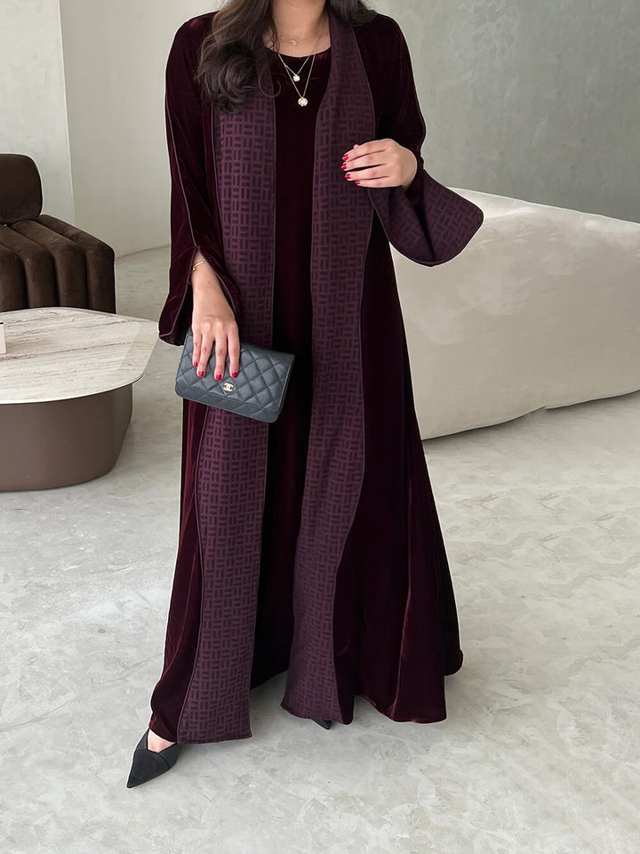 Elegant Burgundy Printed Velvet Robe Cardigan