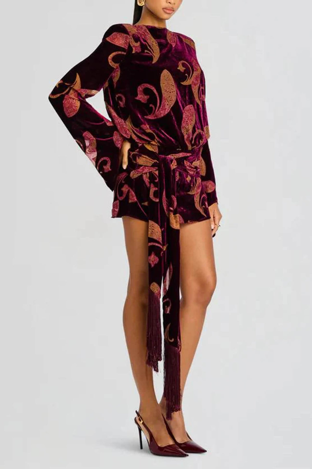 Exquisite Paisley Print Bell-Sleeve Tassel Belt Mini Dress