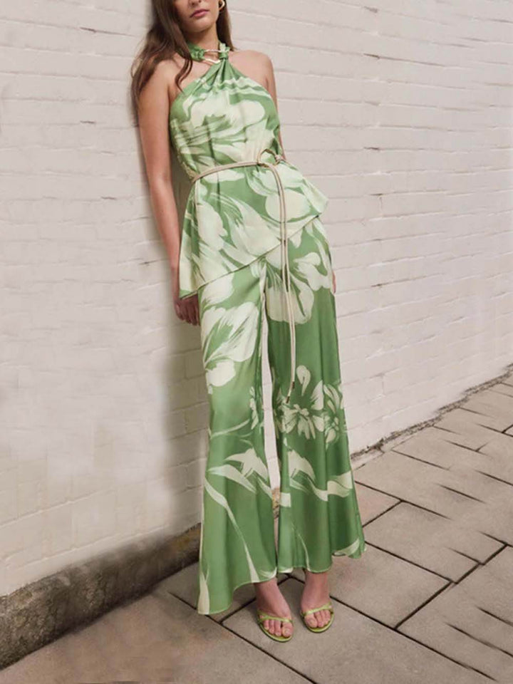 Modern Satin Abstract Floral Print Bell-Bottom Pants