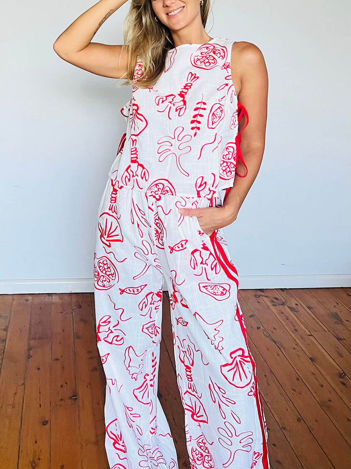 Classic Unique Lobster Print Lace-Up Sleeveless Vest Wide-Leg Pants Set