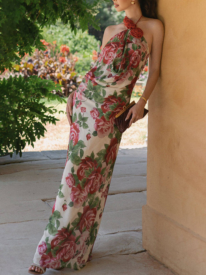 Romance Elegance Rose Printed Applique Cowl Neck Maxi Dress