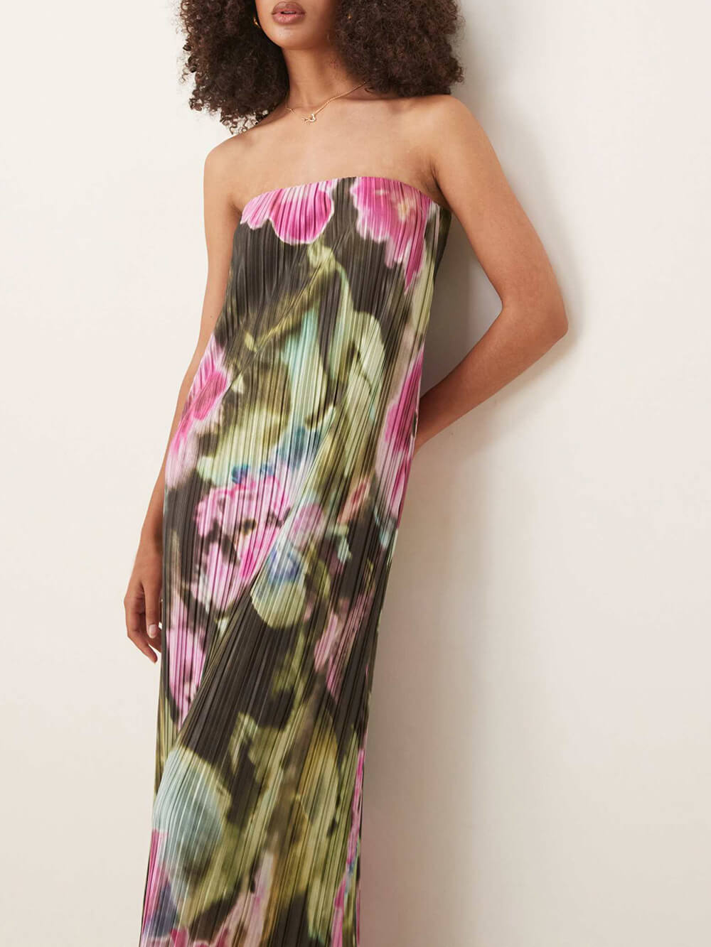 Sexy Strapless Off-the-Shoulder Floral Print Pleated Maxi Dress