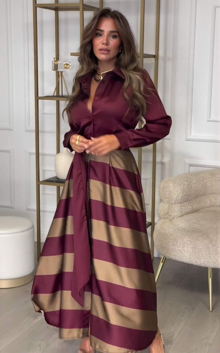 Exquisite Red Striped Print Patchwork Collared Maxi Dress