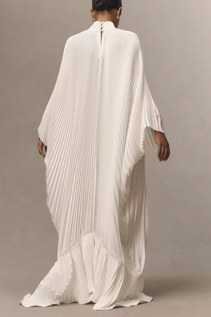 Elegant Empire Style Long-Sleeve V-Neck Pleated Maxi Dress