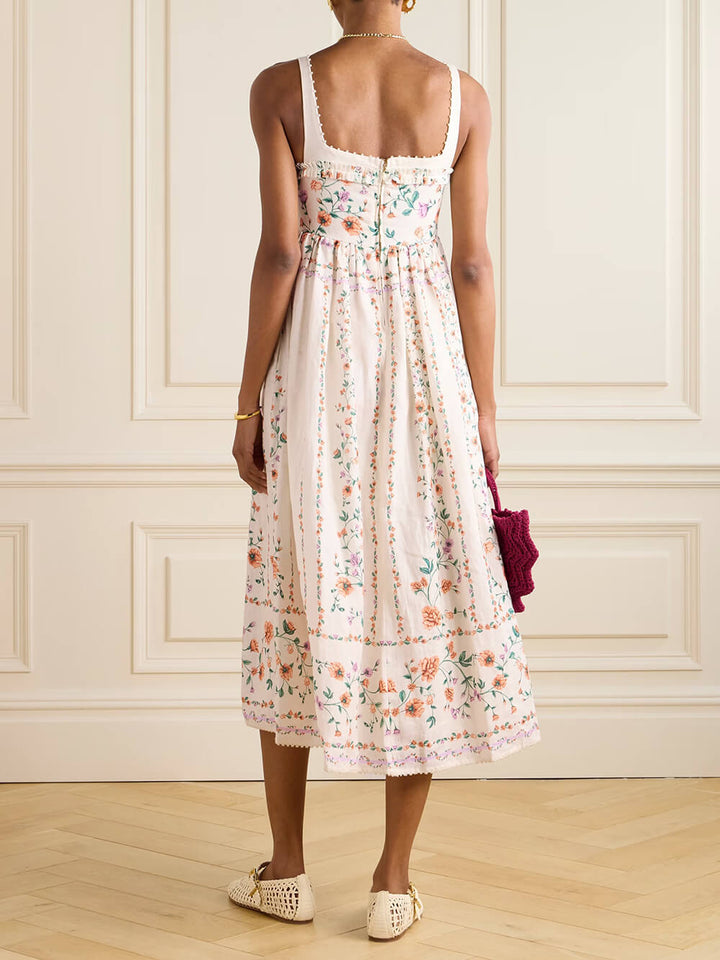 Delicate Pleated Floral Print Linen Midi Dress