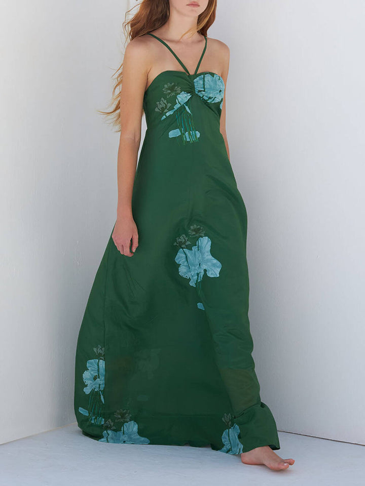 Elegant Ruched Printed Spaghetti Strap Maxi Dress