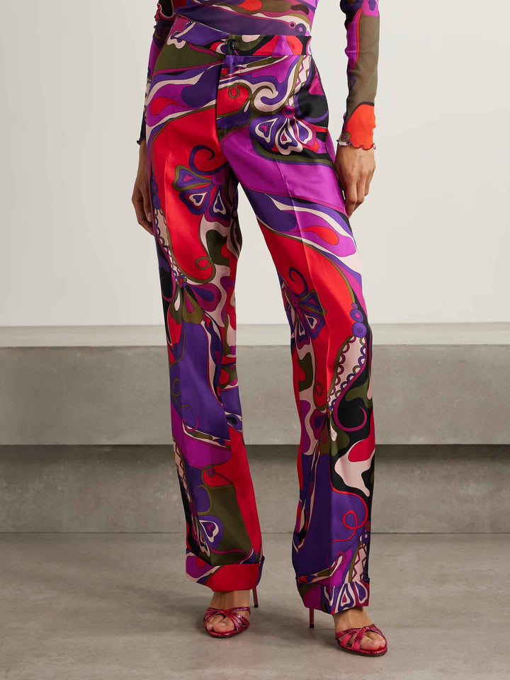 Unique Retro Abstract Print Satin Wide-Leg Pants