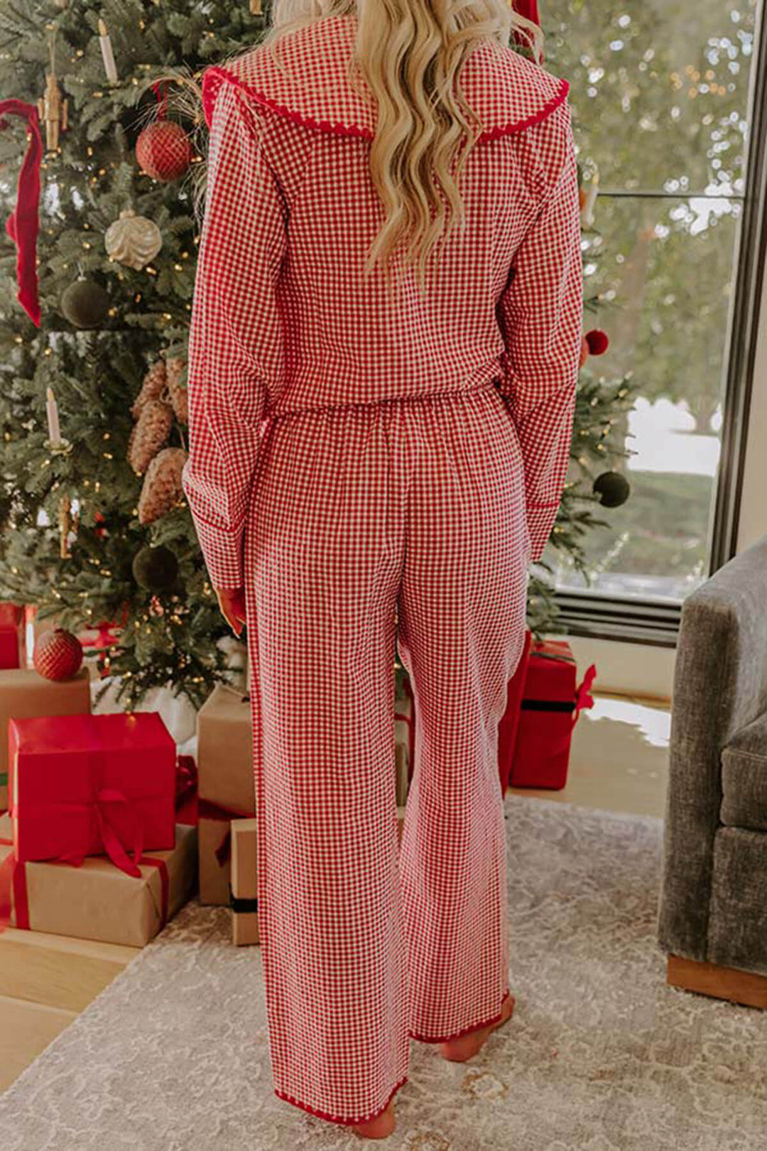Christmas Nutcracker Charm Embroidered Gingham Loose Shirt and Elastic Waist Pajama Set