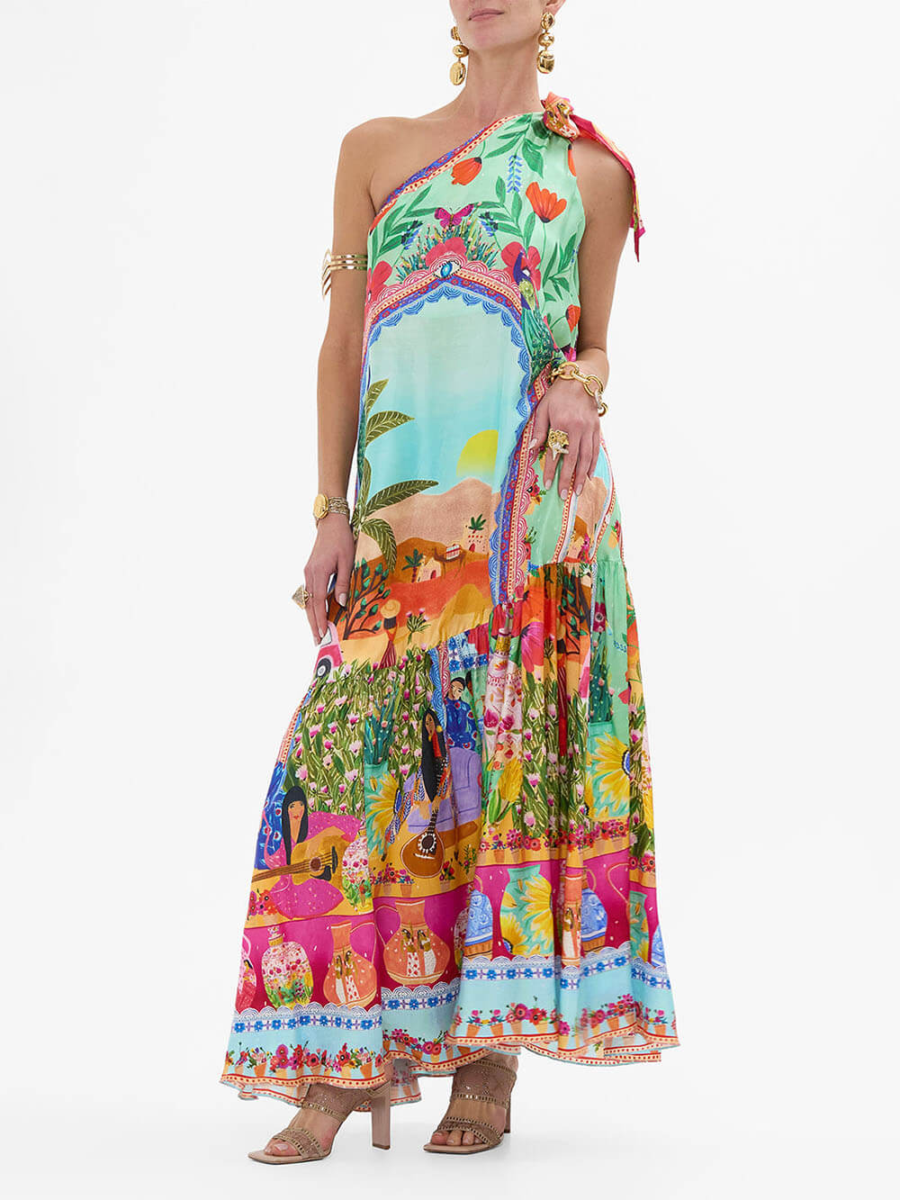 Unique Print One Shoulder Tie-up Pocketed Loose Maxi Dress