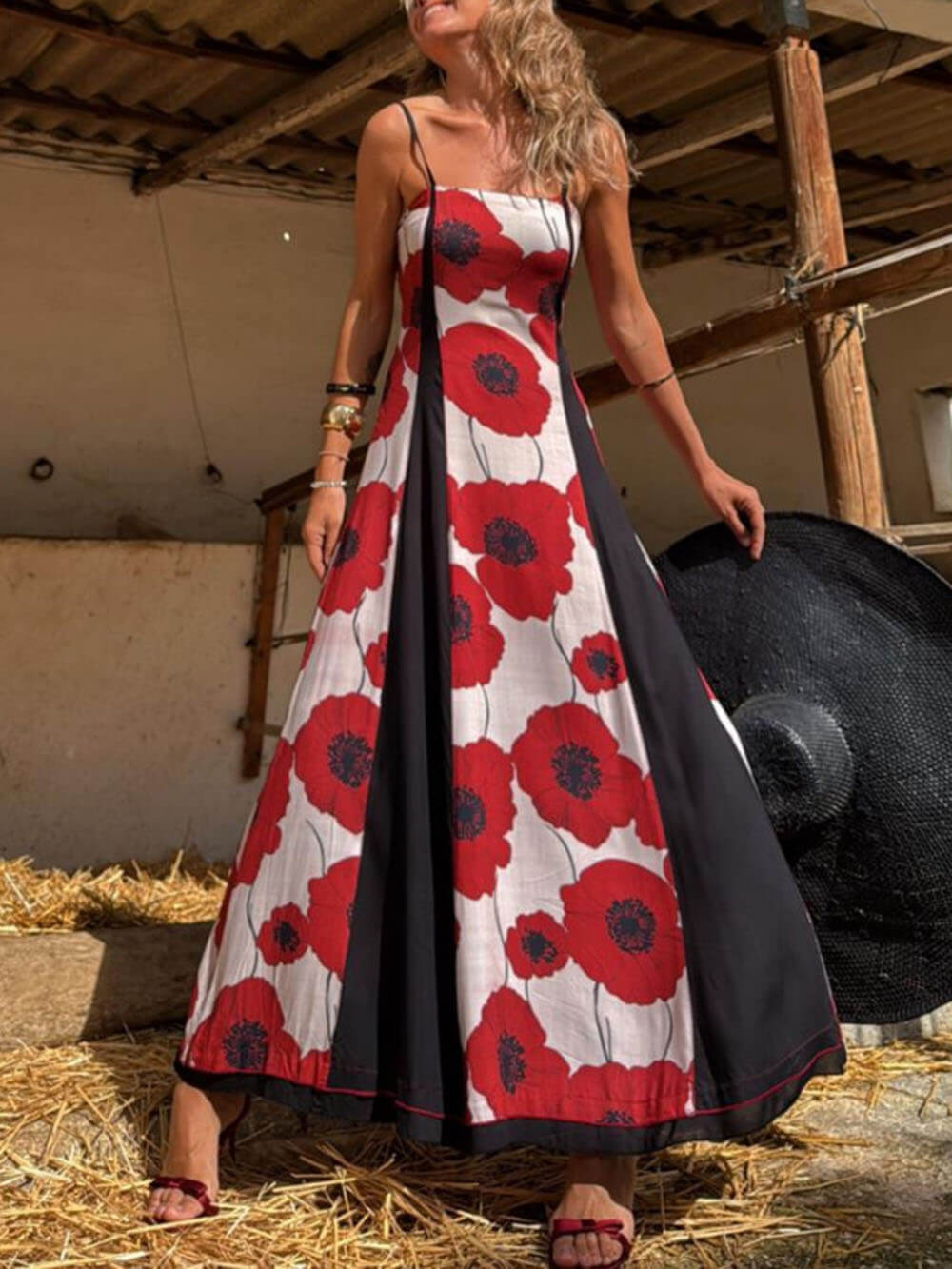 Unique Poppy Print Patchwork Maxi Dress