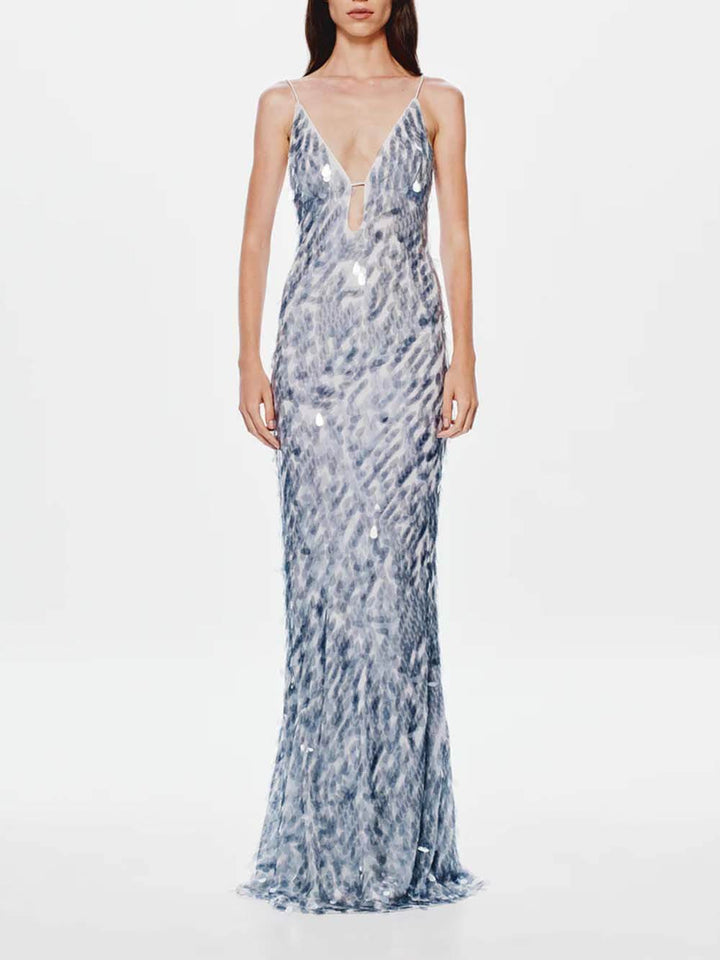 Elegant Sequined V-Neck Fitted Party Maxi Dress