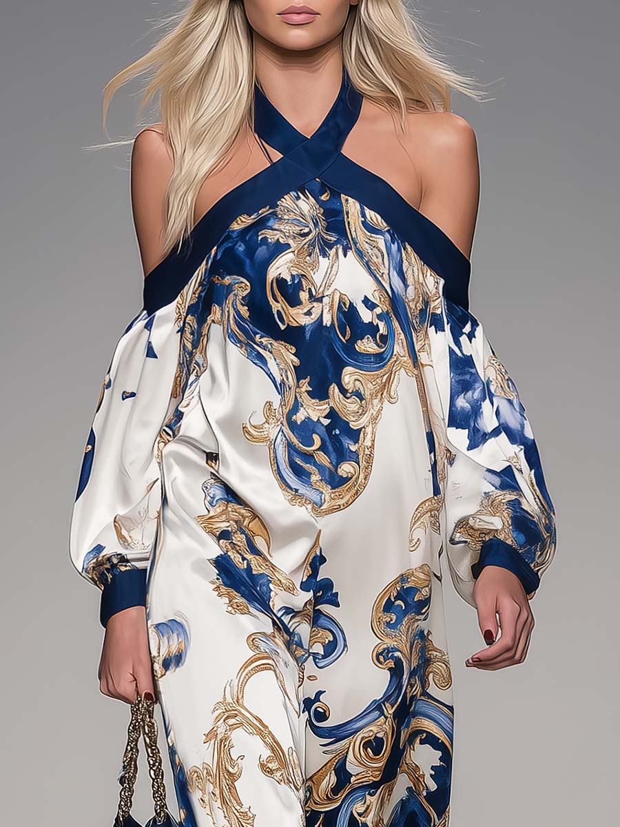 Retro Off-shoulder Printed Satin Maxi Dress