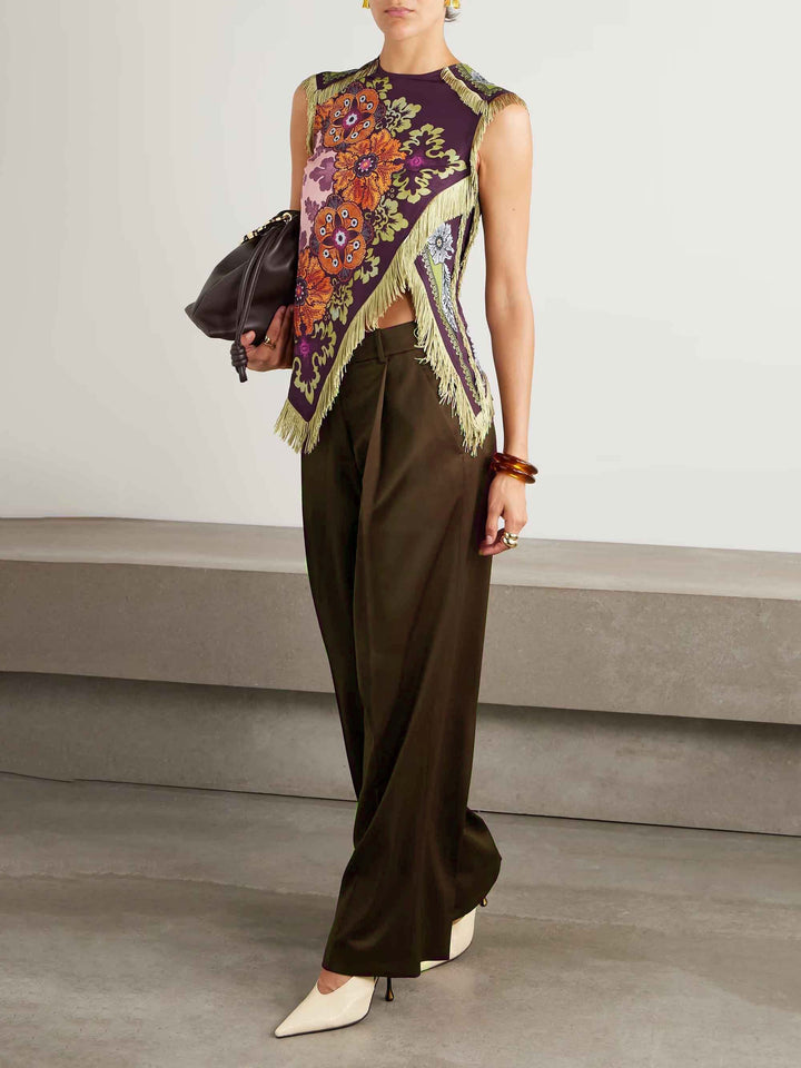 Unique Retro Floral Print Tassel Vest Two-Piece Set