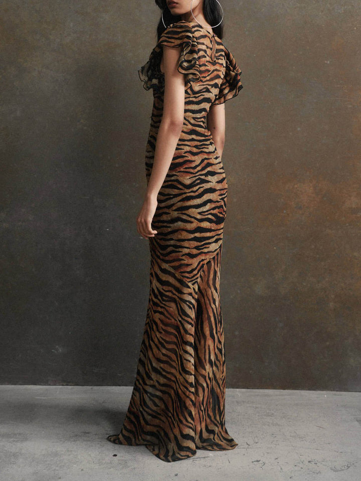 Leopard Print Ruffled Short-sleeved Evening Maxi Dress