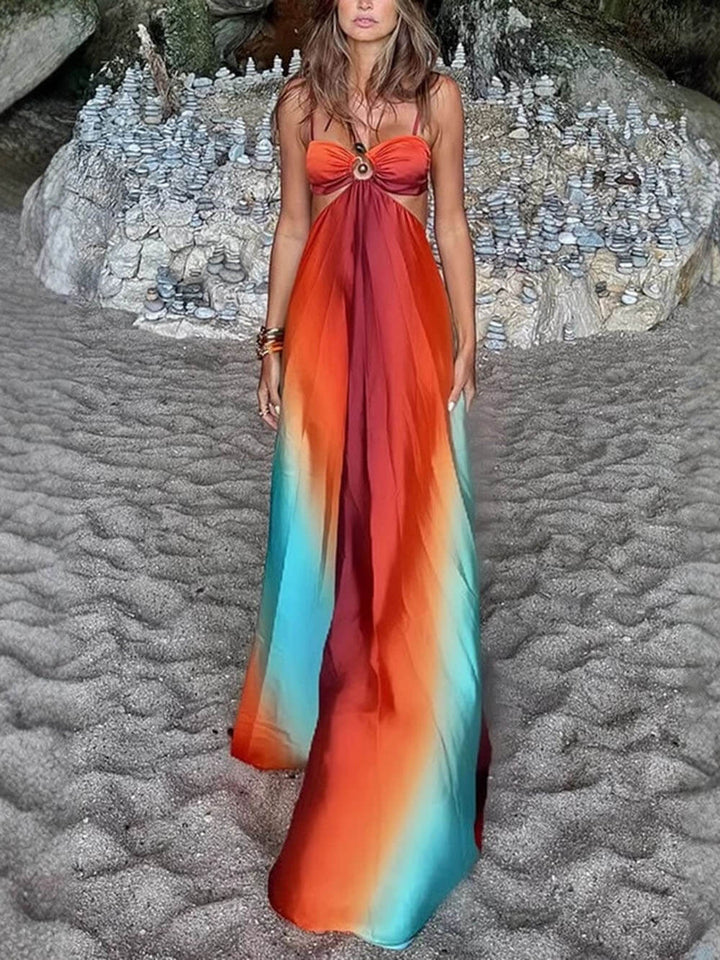 Unique Colorful Gradient Suspender Maxi Dress