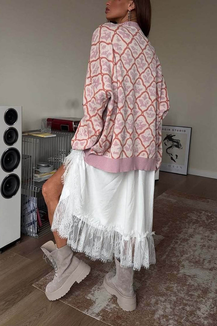 Casual Lace-trimmed Elastic Waist Loose Fit Midi Skirt