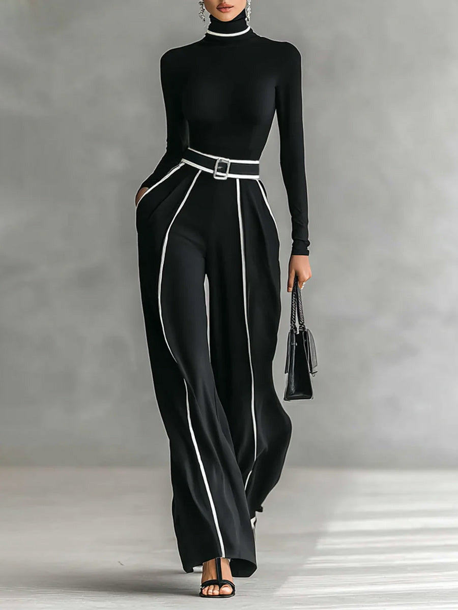 Elegant Contrast Trim High Waist Wide Leg Pants