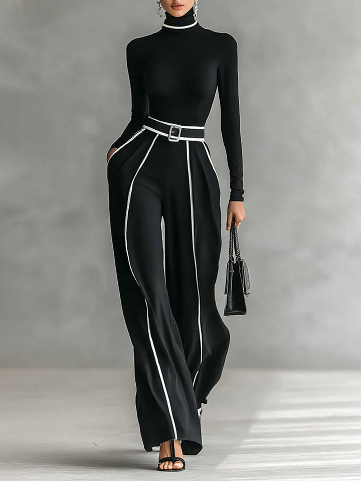 Elegant Contrast Trim High Waist Wide Leg Pants