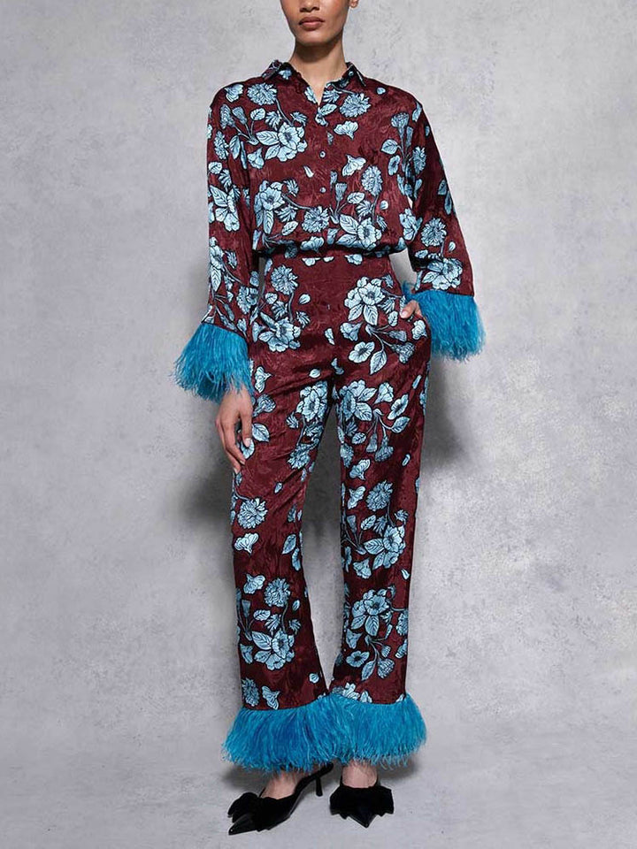 Retro Floral Print Satin Feather Wide-leg Pants