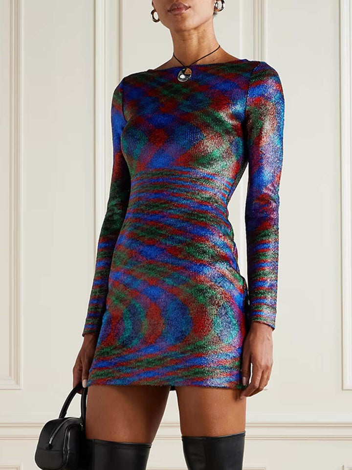 Unique Striped Metallic Print Mini Dress