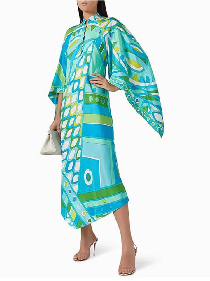 Elegant Button-Up Stand Collar Printed Loose Flared Asymmetrical Midi Dress