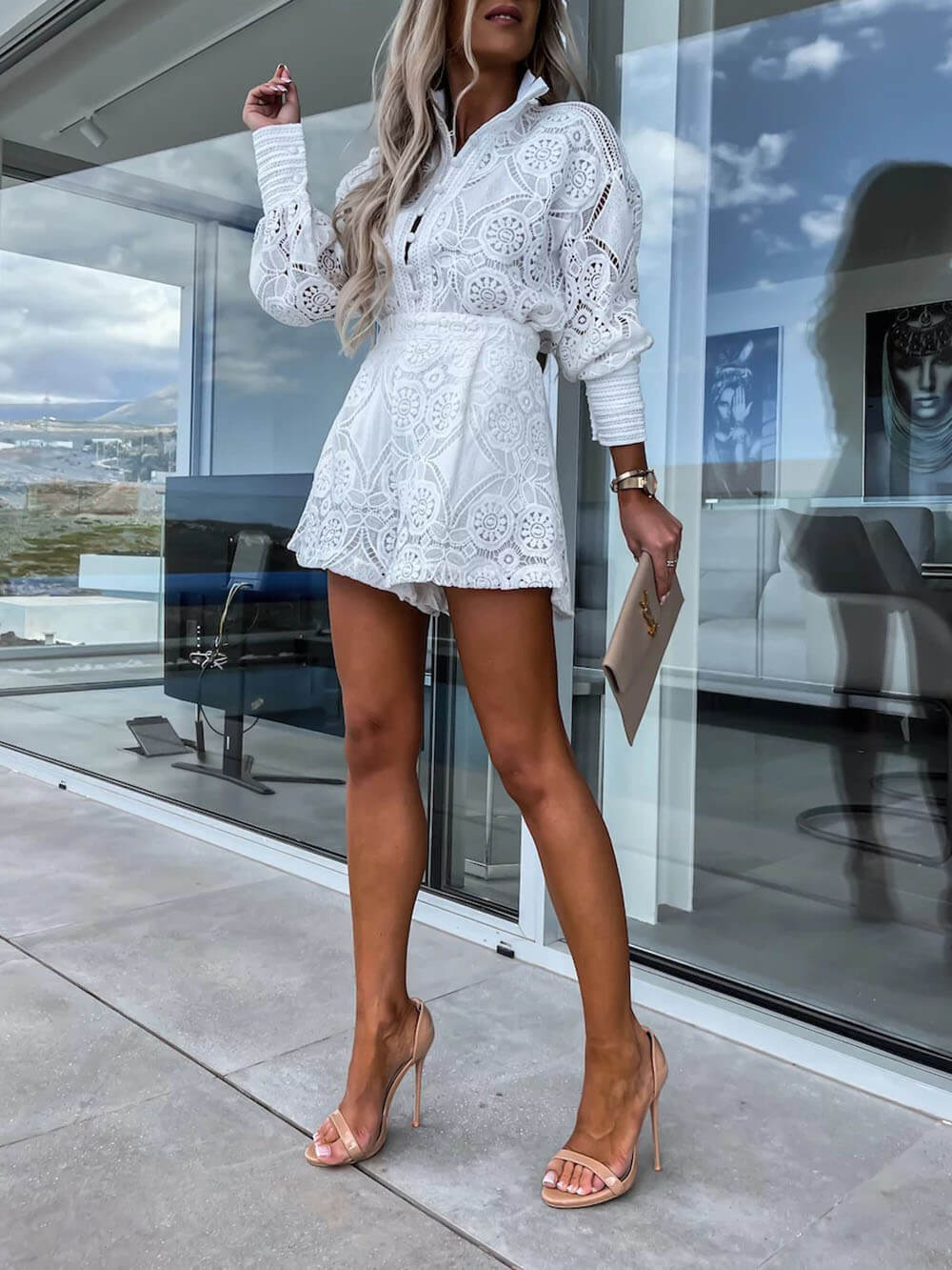 Casual Style Unique Single-Breasted Stand-Up Collar Lace Shorts Suit