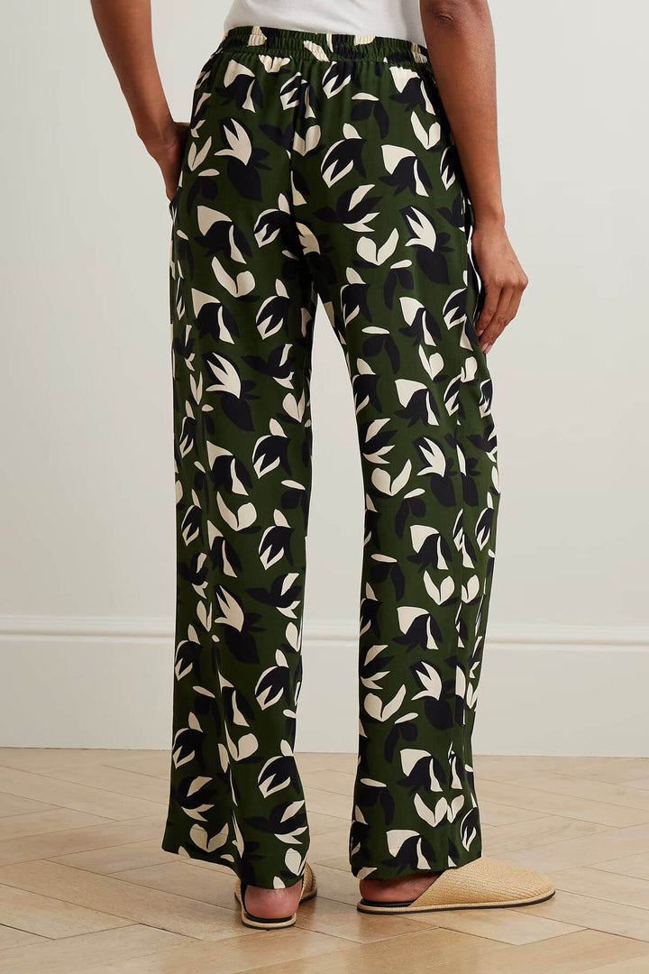 Unique Floral Print Satin Elastic Waist Straight Leg Pants