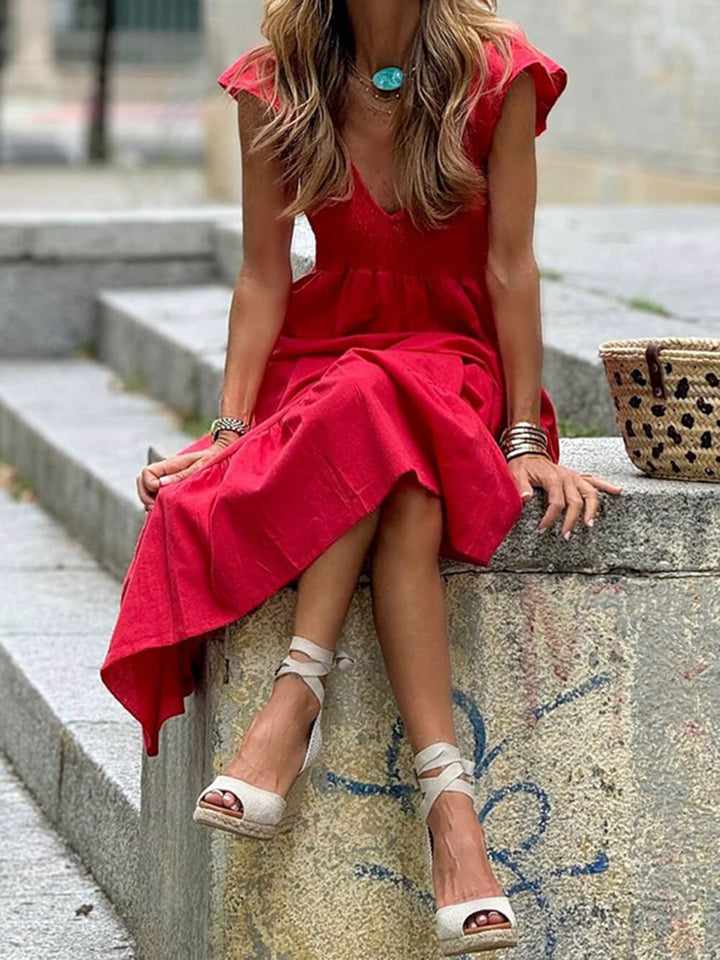 Fashion Solid Color Flying Sleeves Midi Dress