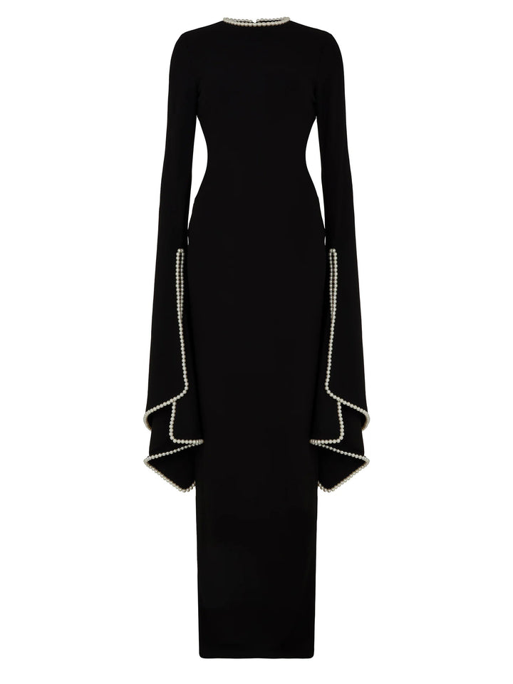 Elegant Pearl-trimmed Flared-sleeve Maxi Dress