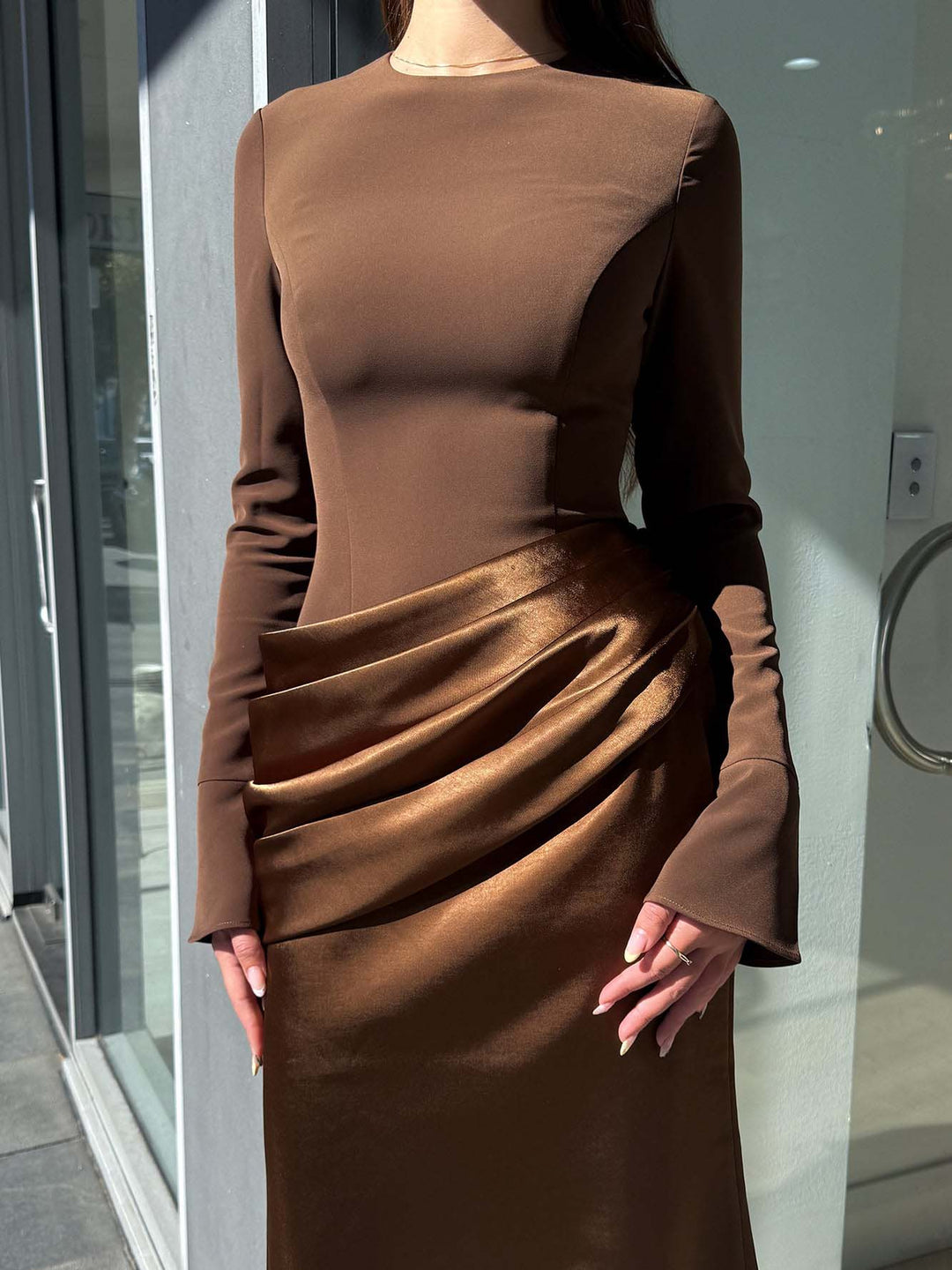 Elegant Long-Sleeved Draped Satin Maxi Dress