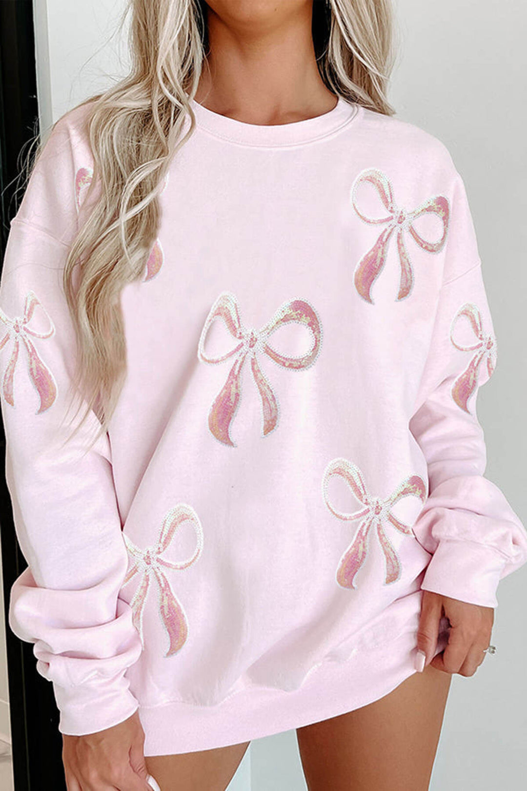 Sequined Bow Christmas Crew Neck Long-sleeved Loose Sweatshirt