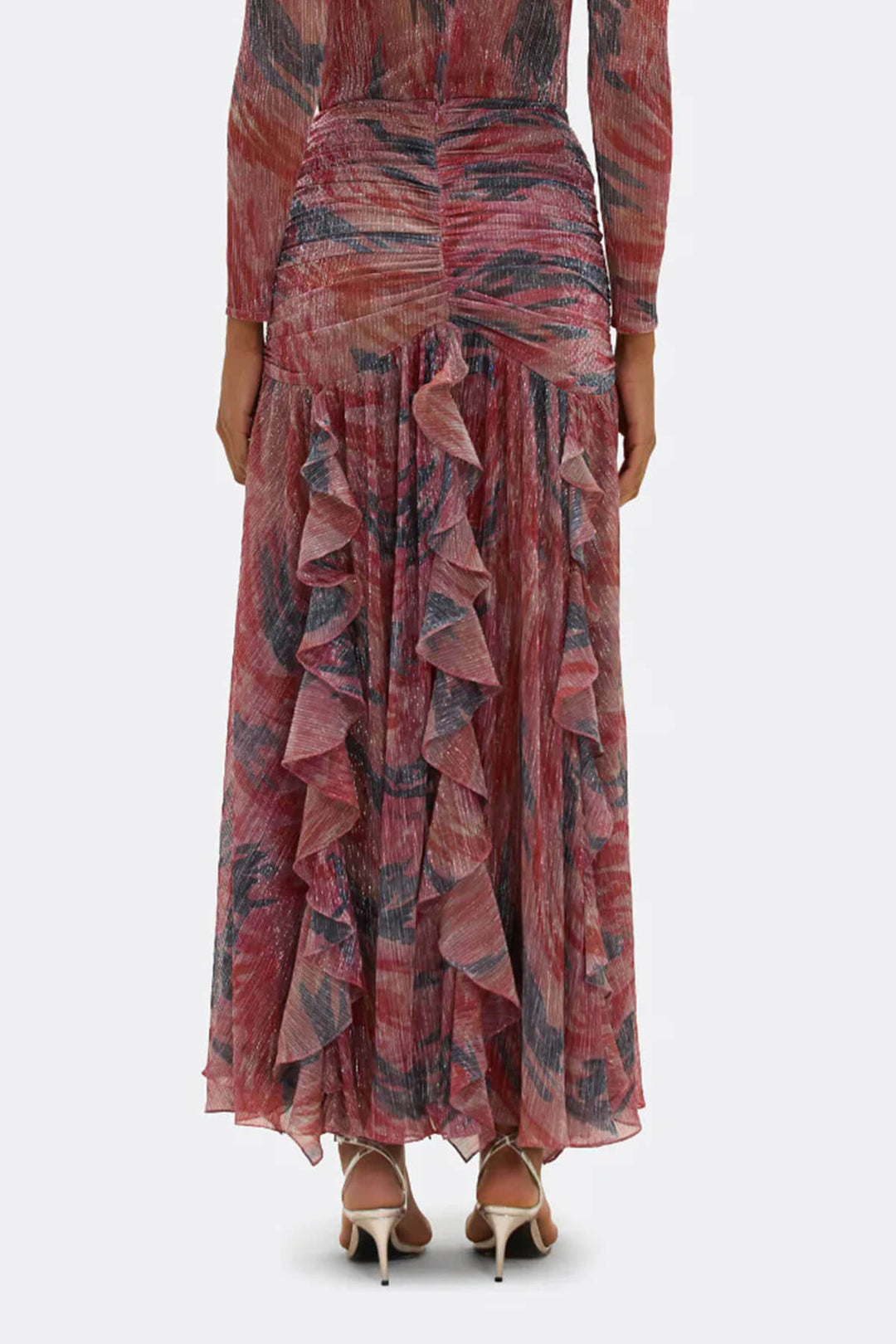 Exquisite Abstract Print Ruched Twist Ruffle Maxi Skirt