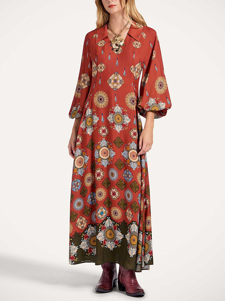 Elegant Satin Printed Shirt Collar Long Sleeve Maxi Dress