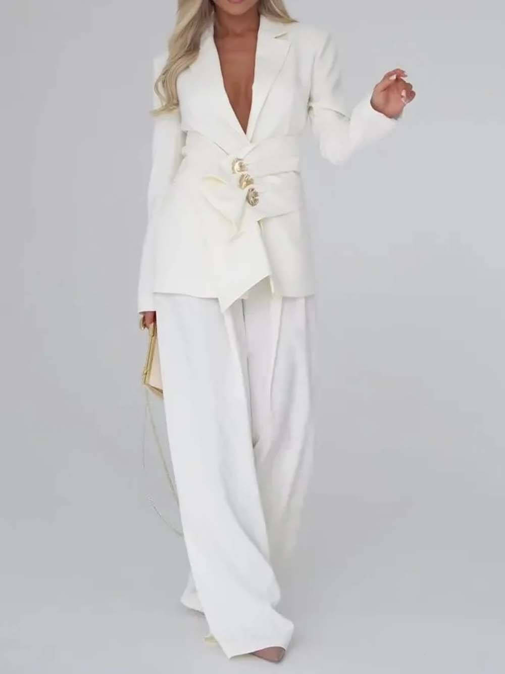 Unique Casual Pocket Blazer Wide-Leg Pants