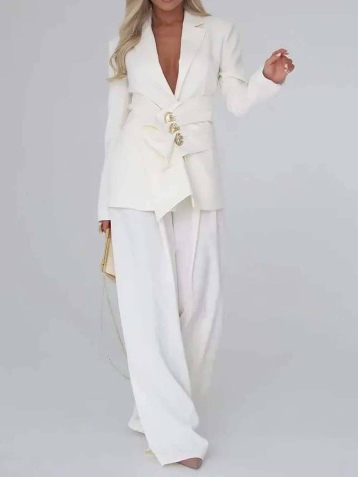 Unique Casual Pocket Blazer Wide-Leg Pants
