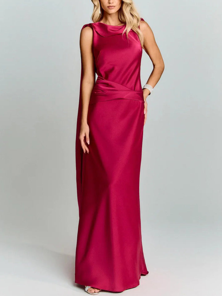 Elegant Satin Draped Shoulder Maxi Dress