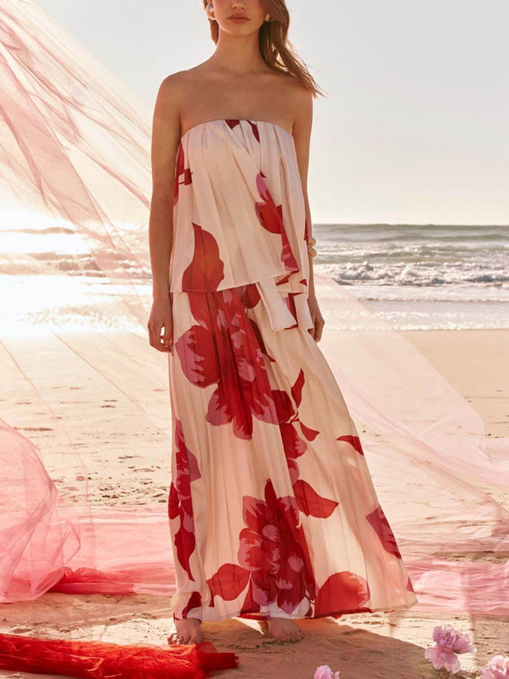 Elegant Printed Satin Ruched Pocket Wide-Leg Pants