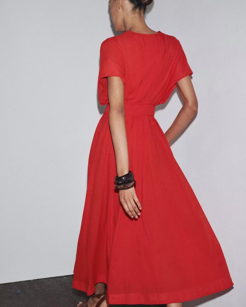 Elegant V-neck Drawstring Pleated Midi Dress