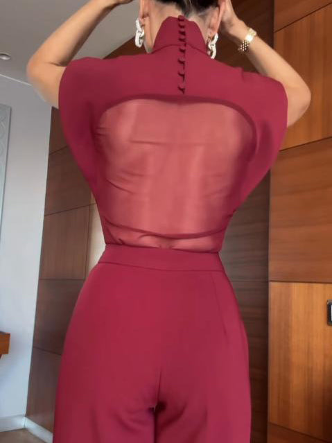 Elegant High-Neck Mesh Panel Top & Slit Pants Two-Piece Set