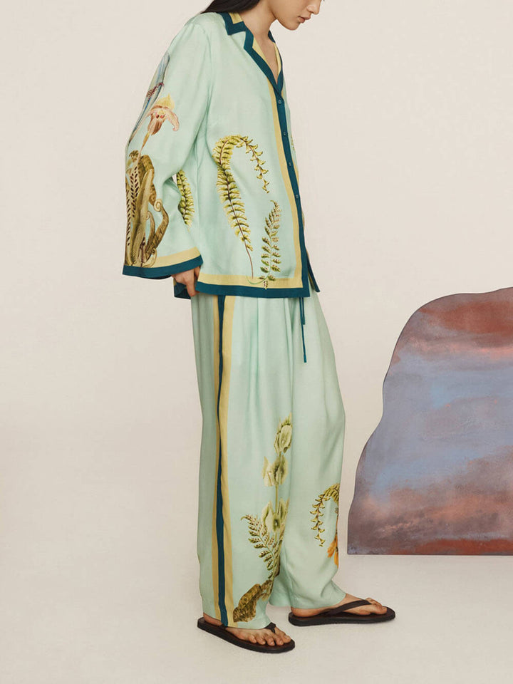 Unique Contrast Patchwork Print Elastic Waist Tie Pocket Pants