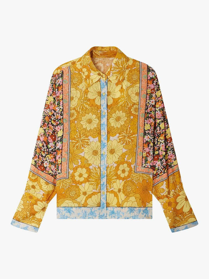 Unique Satin Floral Print Straight-Cut Loose Shirt