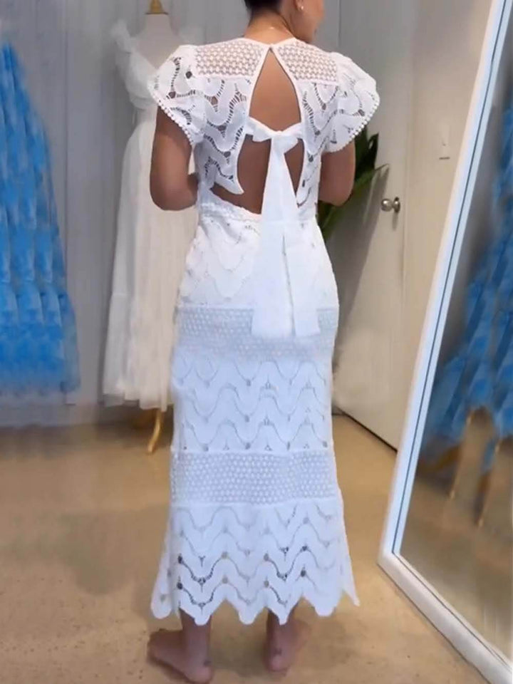Retro Wave Dot Embroidery Lace Back Tie-up Top and Elastic Waist Maxi Skirt Set