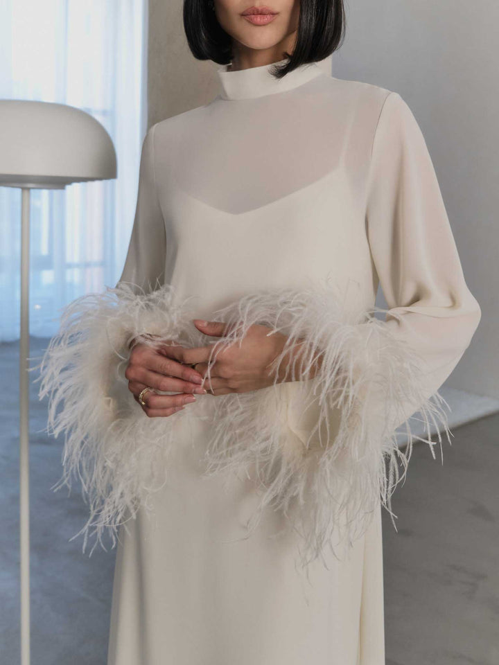 Elegant High-Neck Feather Cuff Chiffon Midi Dress