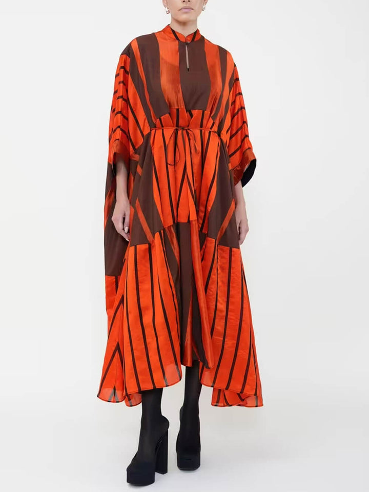 Fashion Striped Patchwork Cape-Style Tie-Up Asymmetric Midi Dress
