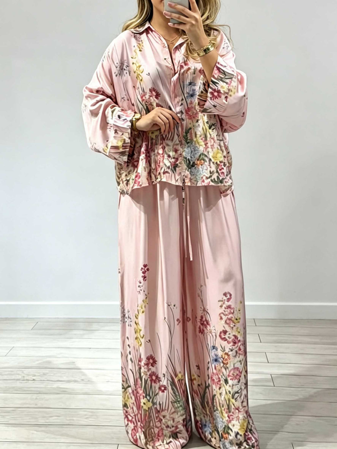 Elegant Floral Print Satin Wide Leg Pants