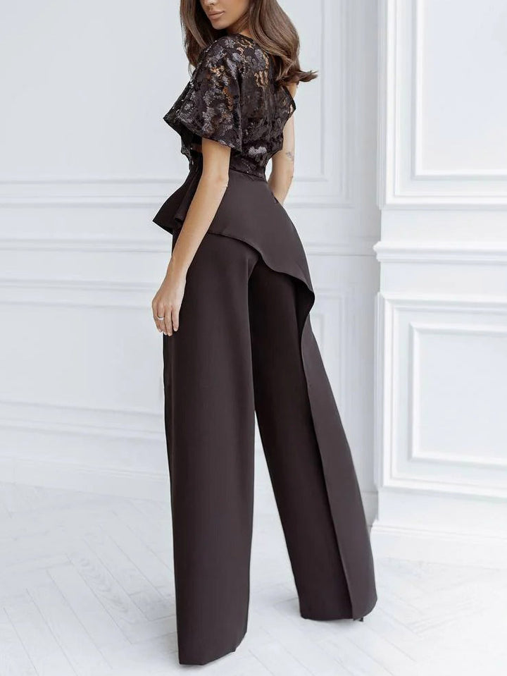 Elegant One-shoulder Lace Shawl Slit Pants Wide-leg Two-piece Set
